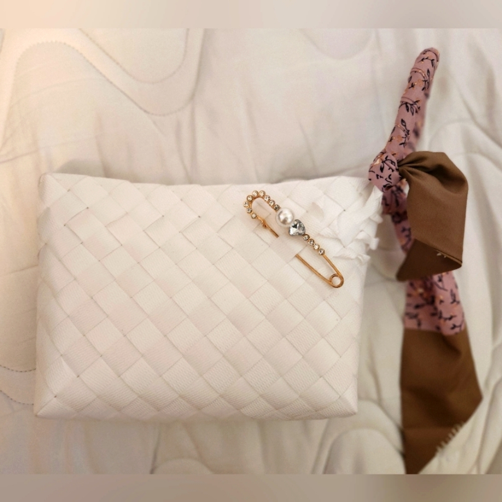 Summery White Woven Wristlet with Brown and Pink Accents
